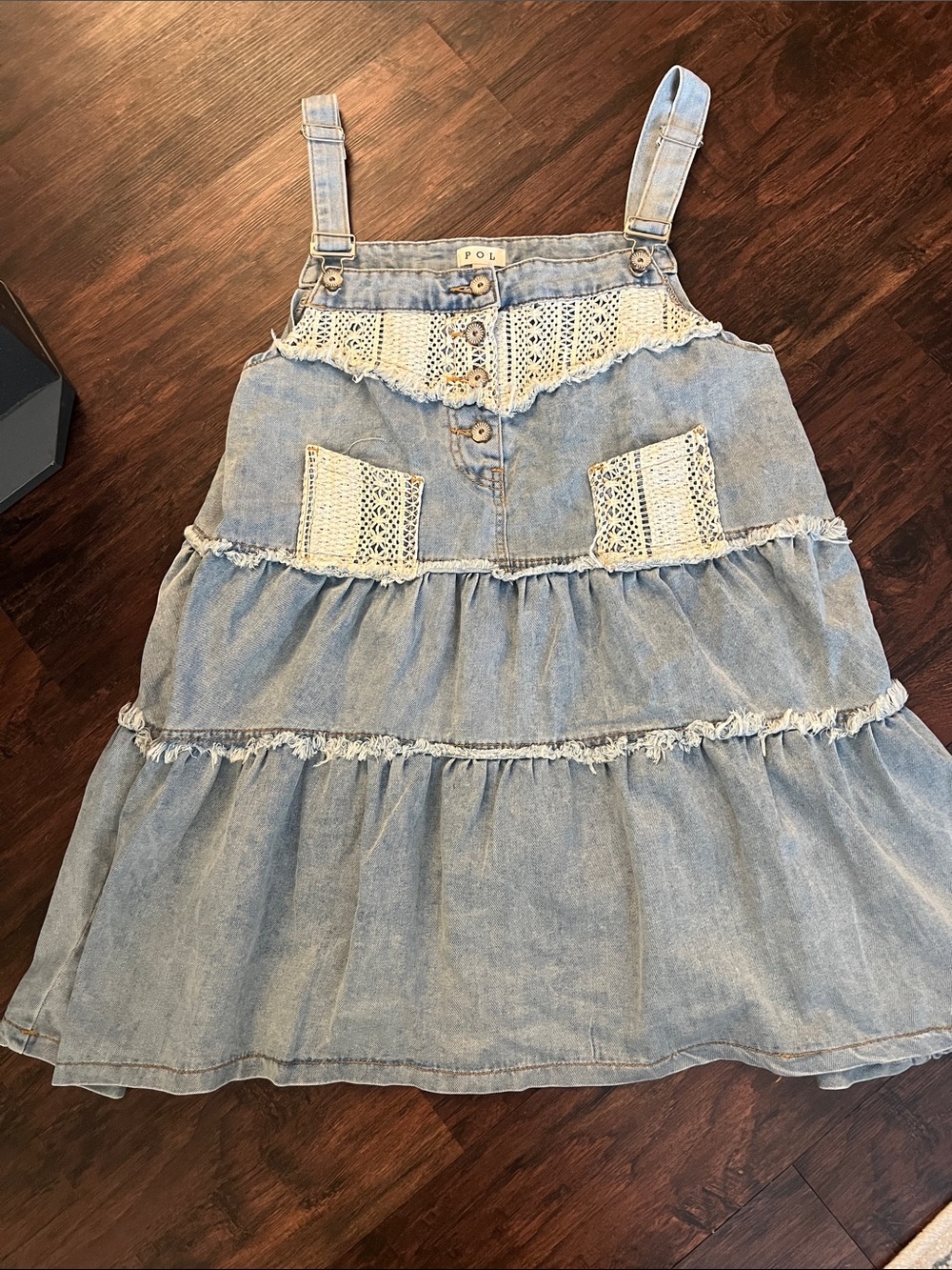 POL Light Blue overall dress with Cream Crochet Accents